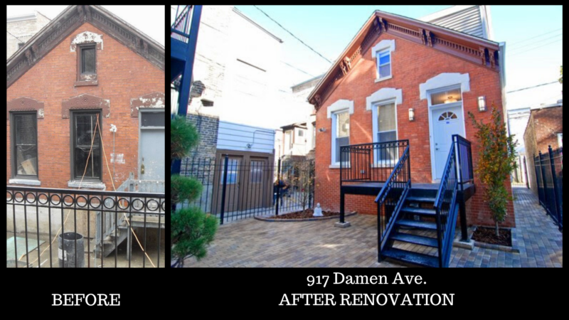 before and after photos of the exterior of a coach house