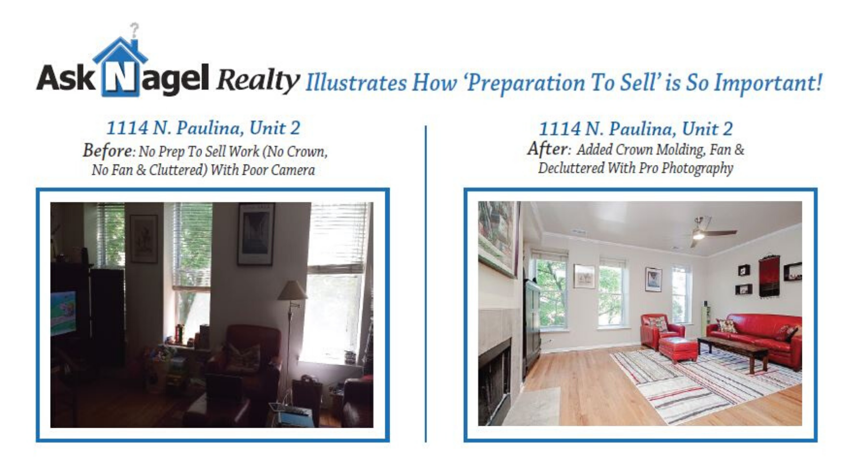 before & after photos of staging at 1114 N. Paulina