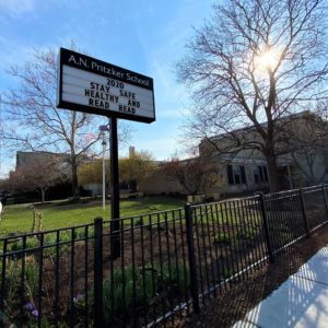 pritzker-school-wicker-park sign in front of A.N. Pritzker elementary School