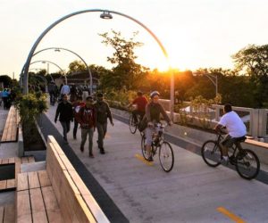 sunset on people using The 606 trail