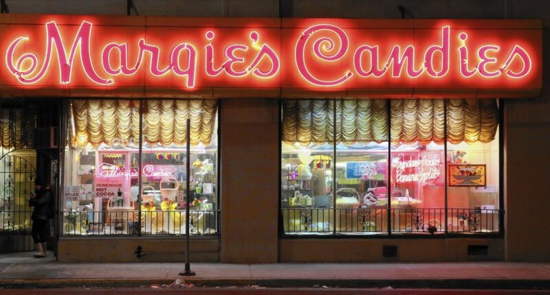 Neon sign on Margie's Candies storefront