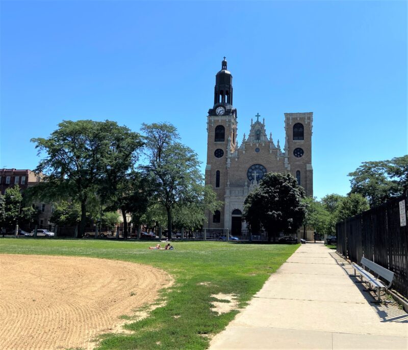 St. Stanislaus Kostka overlooks Pulaski Park.