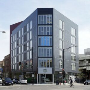 Starbucks building next to Western Blue Line station