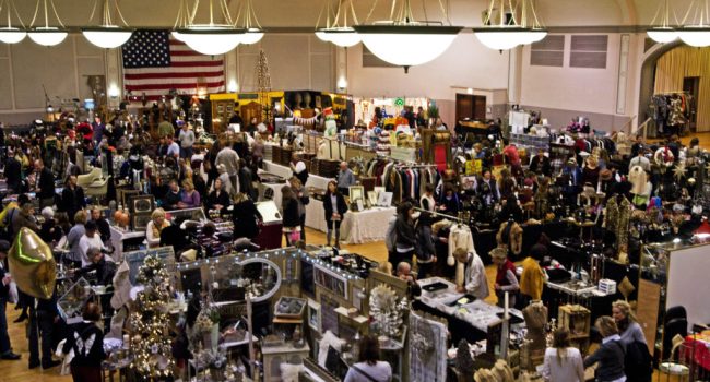 an overhead view of shoppers and merchants booths at Randolph Street Market